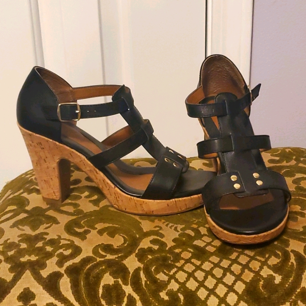Cork Chunky Heeled Riveted Sandals